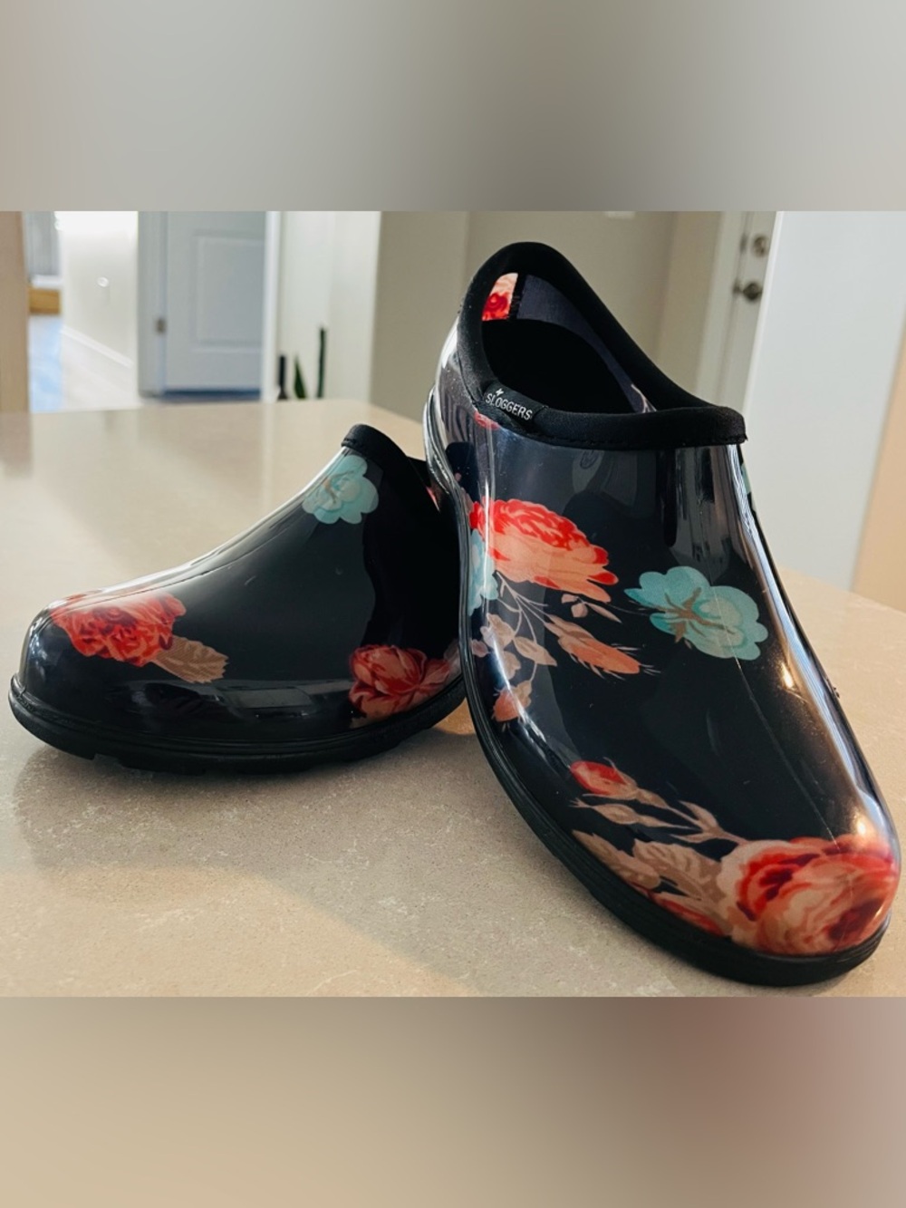 Women’s Sloggers Garden Rain Slip On Clogs with Coral & Teal Floral on Dark Blue